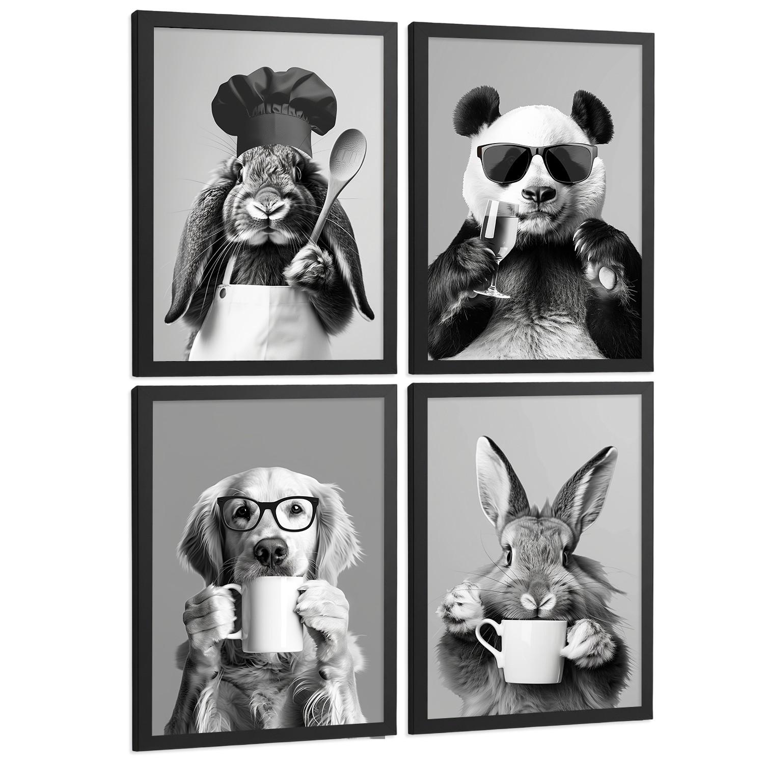 POSTER 4er Set Lustige Tiere Schwarz Weiß Wandbilder Hase Panda Golden Retriever Koch Küche Deko Schwarzer Rahmen A3 - Schwarz, Papier (29.7/1/42cm) - Nacnic