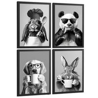 POSTER 4er Set Lustige Tiere Schwarz Weiß Wandbilder Hase Panda Golden Retriever Koch Küche Deko Schwarzer Rahmen A3 - Schwarz, Papier (29.7/1/42cm) - Nacnic