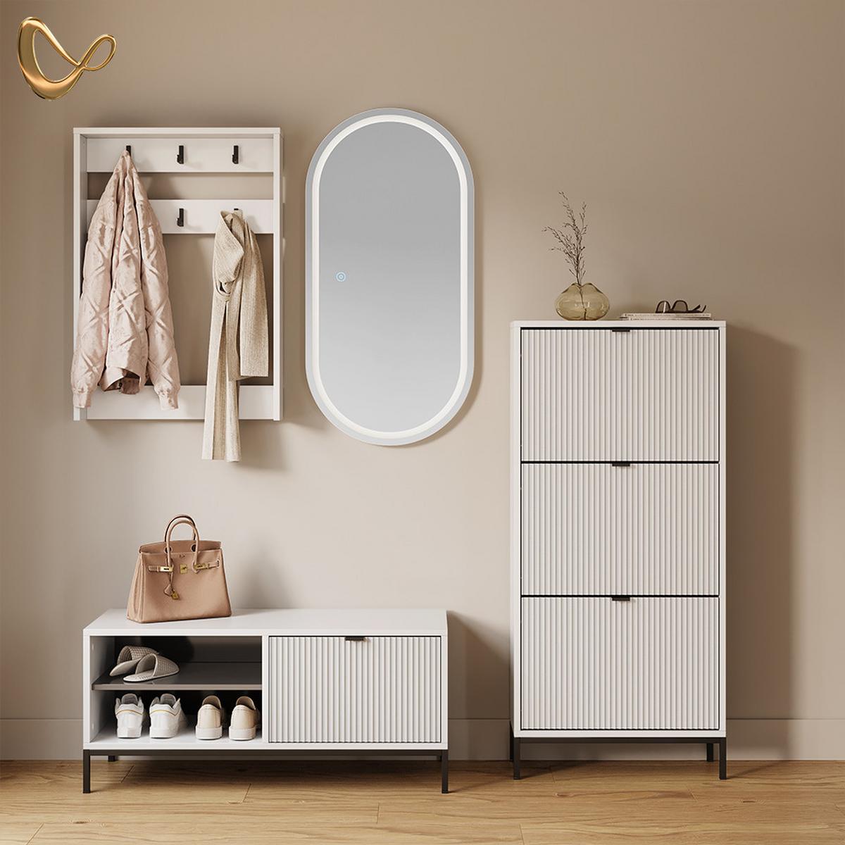 SCHUHKIPPER Aterno Weiß 60 x 130 cm mit 3 Klappschubladen - Weiß, Holzwerkstoff (60/130/24cm) - Livinity®