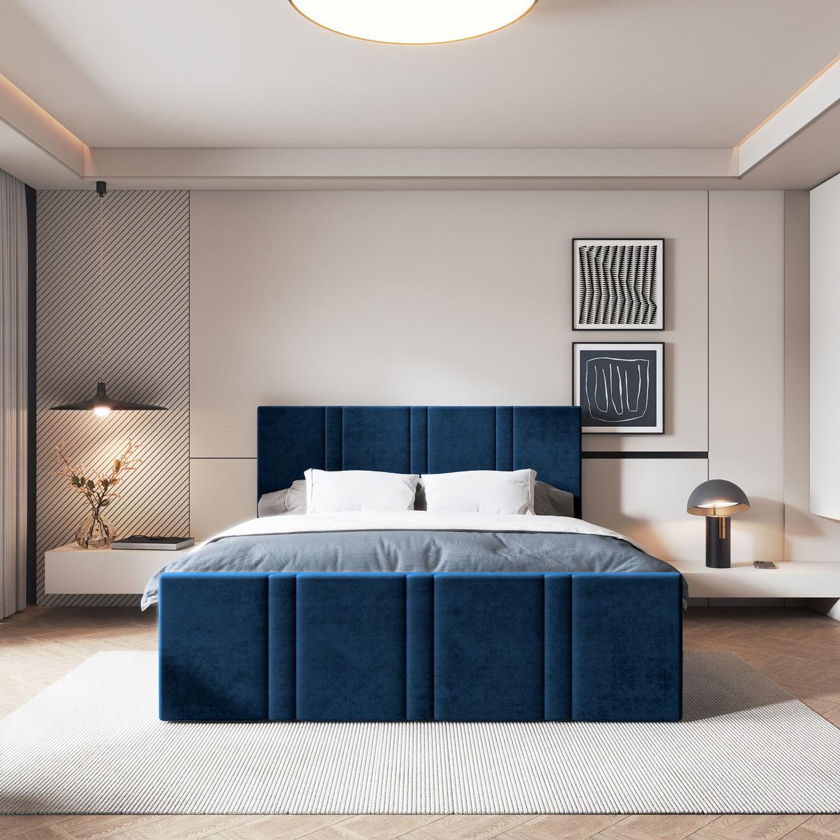 BOXBETT COMOZA 200x200 cm mit Matratze und Topper, H2+H3 - Blau - Blau, Holz (200/200cm) - MASSENO