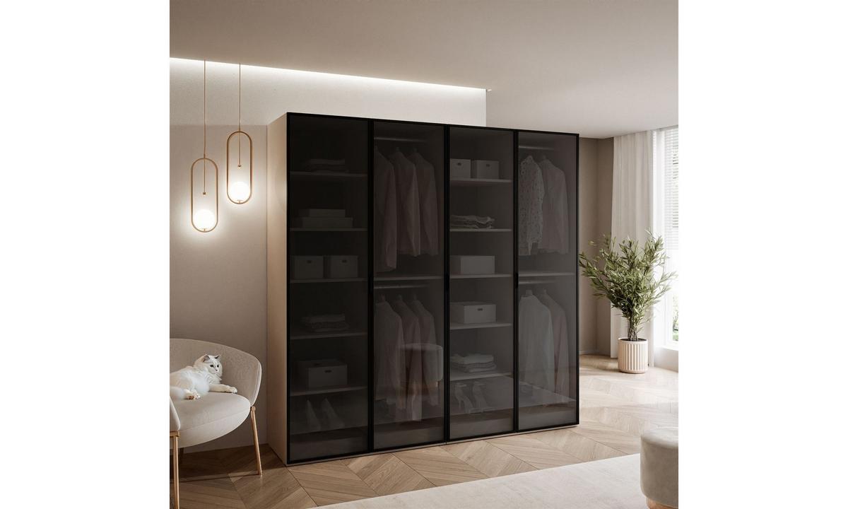 KLEIDERSCHRANK SANDBOX 200 202/49/200 cm Beige Sand / Schwarzes Glas ohne LED 8 Zusatzböden - Sandfarben/Schwarz, Holzwerkstoff/Kunststoff (202/200/49cm) - Lookway