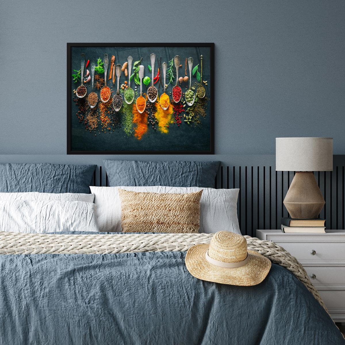 POSTER MIT RAHMENGERAHMTES BILD Kräuter - Gewürze - Löffel 80x60 cm - Currygelb, Papier (80/60cm) - MuchoWow