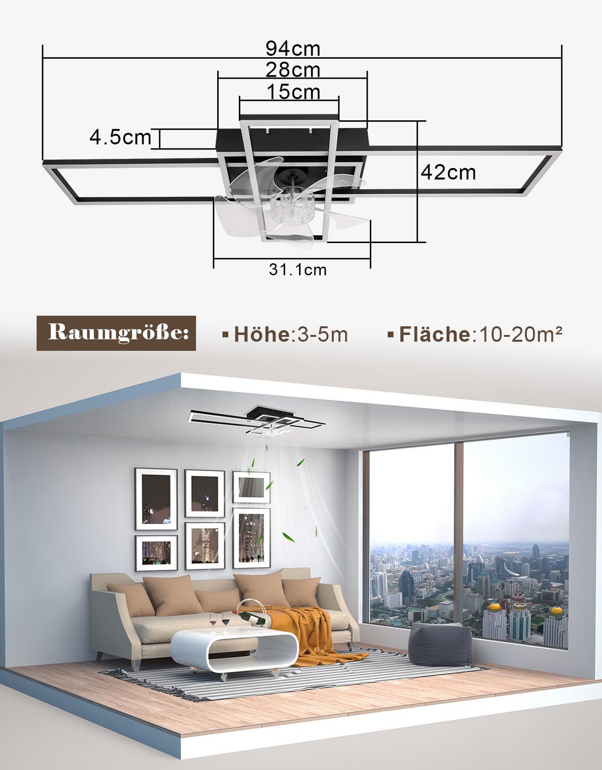 DECKENLEUCHTE mit Ventilator Neryn 94/42/15.5 cm - Schwarz, Kunststoff/Metall (94/42/15.5cm) - ZMH
