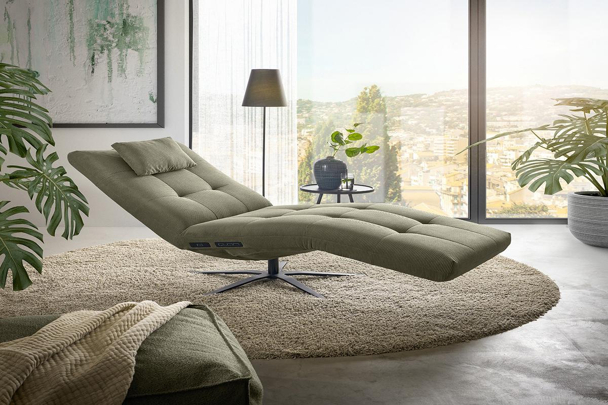 RELAXLIEGE LETICIA Grün Cord Drehbar (360°), Relaxfunktion - Schwarz/Olivgrün, Textil/Metall (82/115/156cm) - KAWOLA