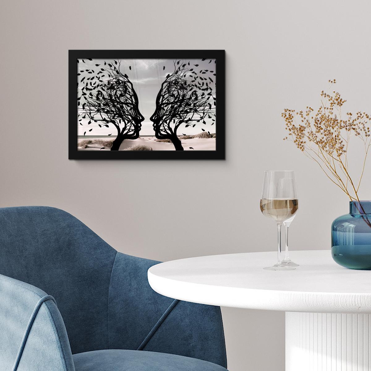 POSTER MIT RAHMENGERAHMTES BILD Strand - Meer - Menschen - Baum - Moderne Kunst 30x20 cm - Hellgrau, Papier (30/20cm) - MuchoWow