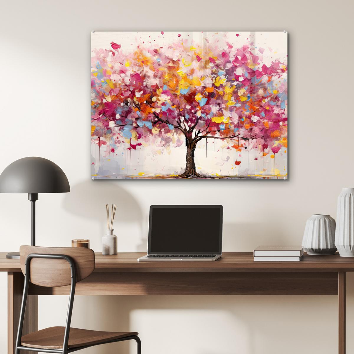 ACRYLGLASBILD Aquarell - Baum - Kunst - Abstrakt 80x60 cm - Multicolor, Glas (80/60cm) - MuchoWow