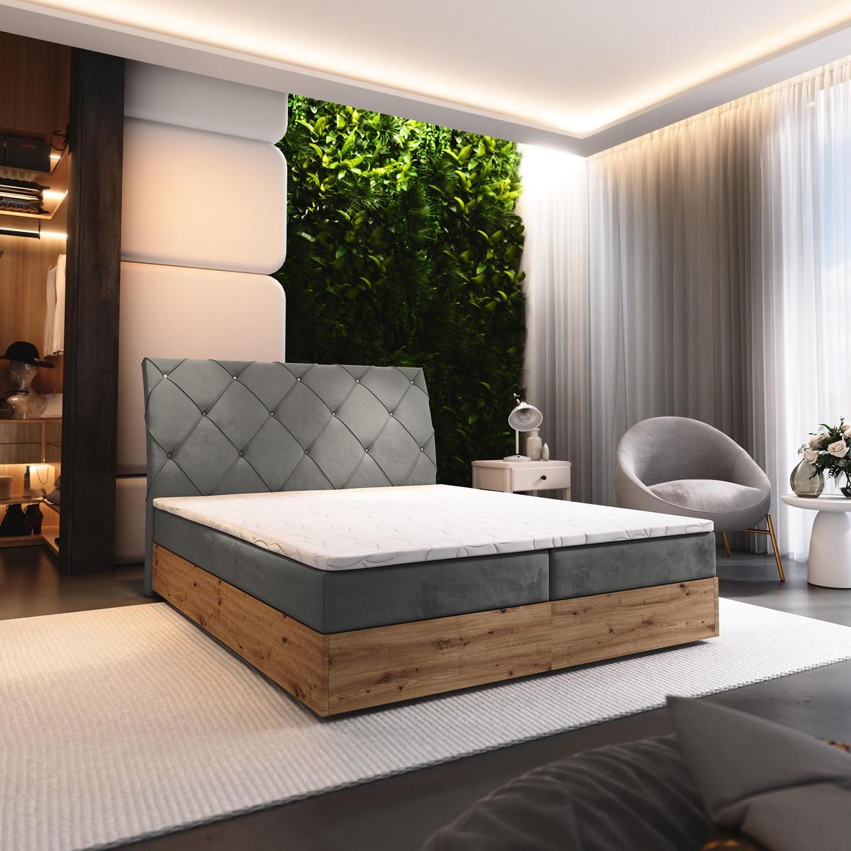 BOXBETT VELLANO 160x200 cm mit Matratze und Topper - Grau - Grau, Holz (160/200cm) - MASSENO