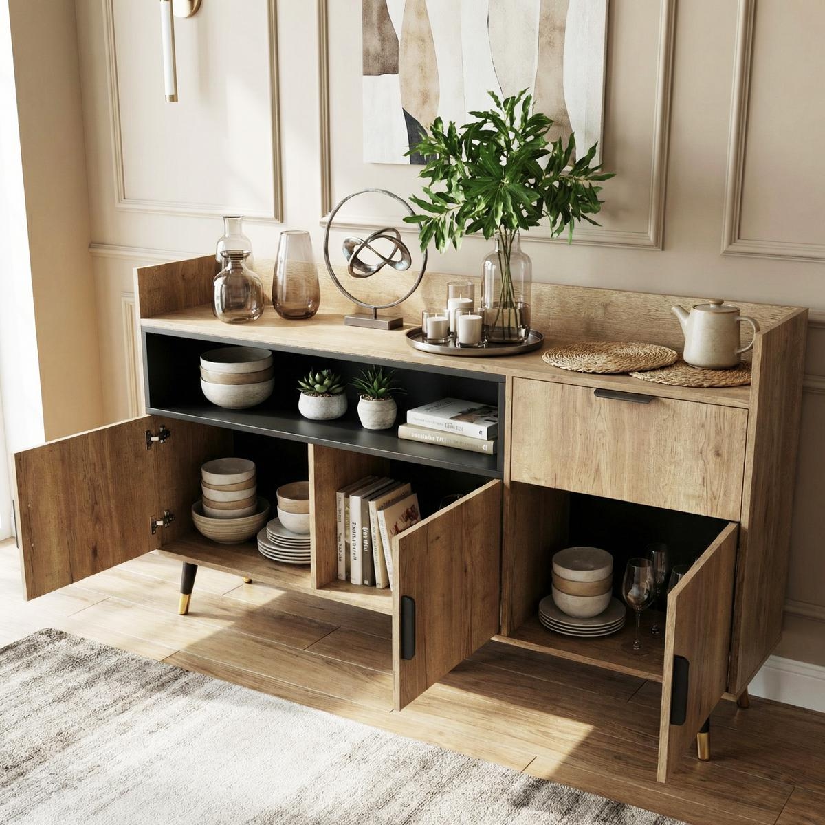 SIDEBOARD 160 cm Naturholz & Schwarz mit offenem Regal, Schublade & Türen im modernen Stil - Naturfarben, Holzwerkstoff (160/82/35cm) - Urban Meuble