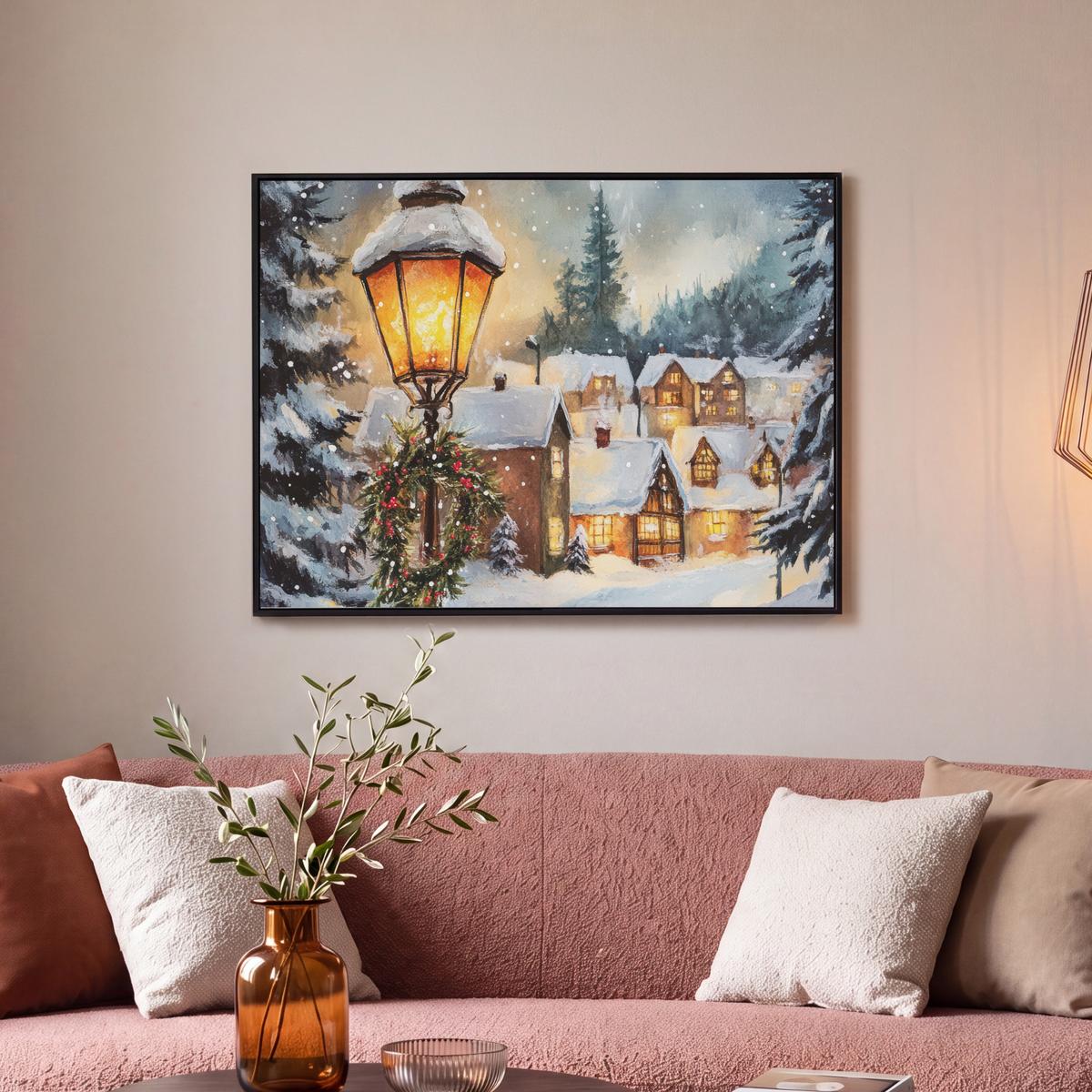 LEINWAND Bilder mit Rahmen - Weihnachtsdorf - Häuser - Schnee - Weihnachten - 70x50 - Sandfarben, Textil (70/50cm) - MuchoWow
