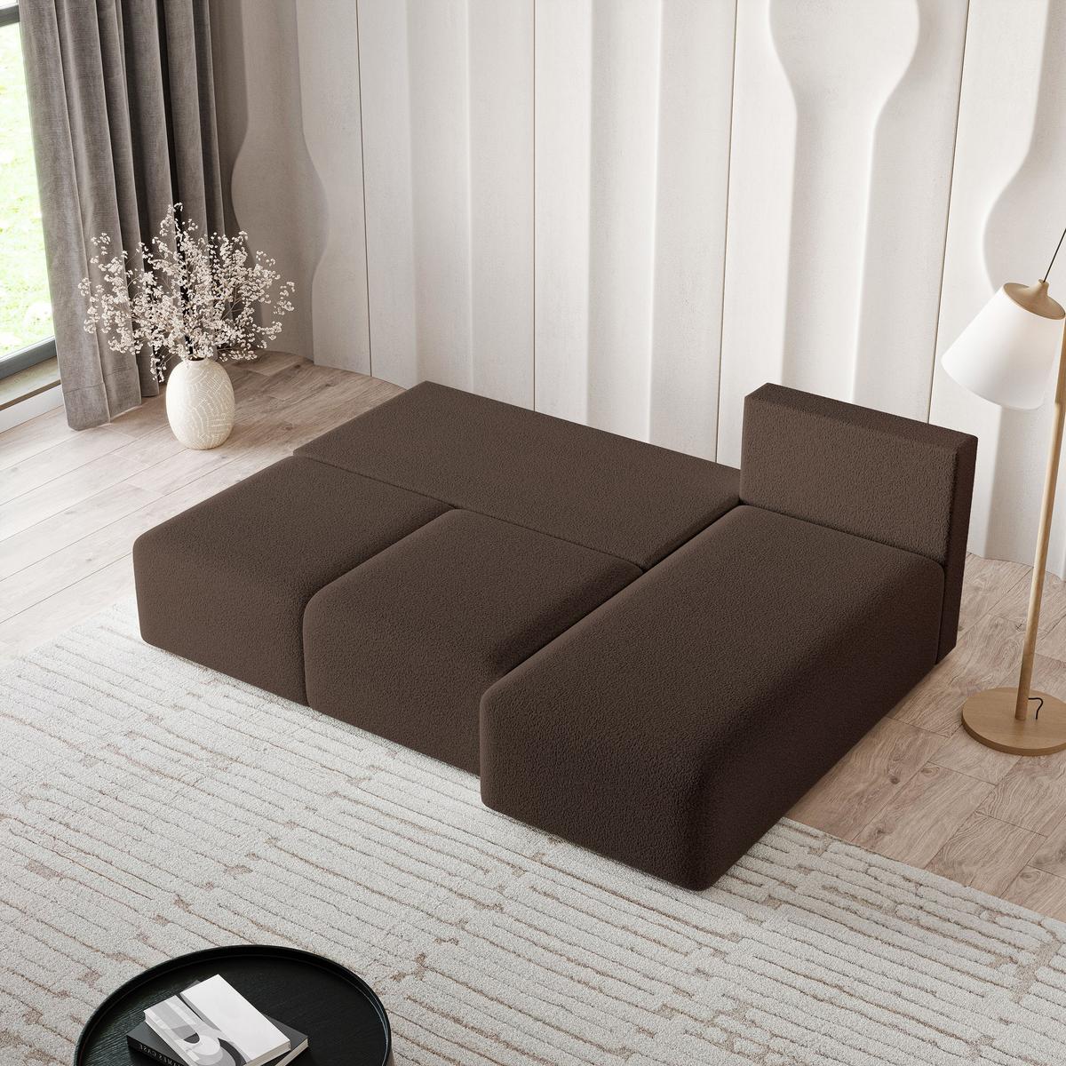 ECKSOFA TRAMA Braun Boucle-Stoff mit Schlaffunktion - Braun, Holz (200/143cm) - MASSENO