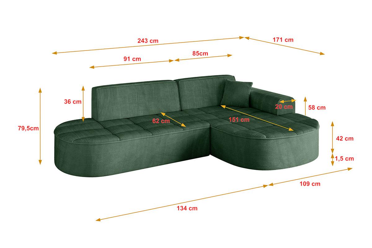 ECKSOFA Ottomane Rechts TARO-L1 - 243x171x79,5 cm Grün - Grün, Holzwerkstoff/Textil (243/171cm) - ALTDECOR