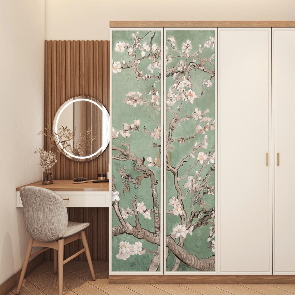 TÜRAUFKLEBER Mandelblüte - Kunst - Van Gogh - Grün 85x215 cm - Türtapete - Salbeigrün, Kunststoff (85/0.1cm) - MuchoWow