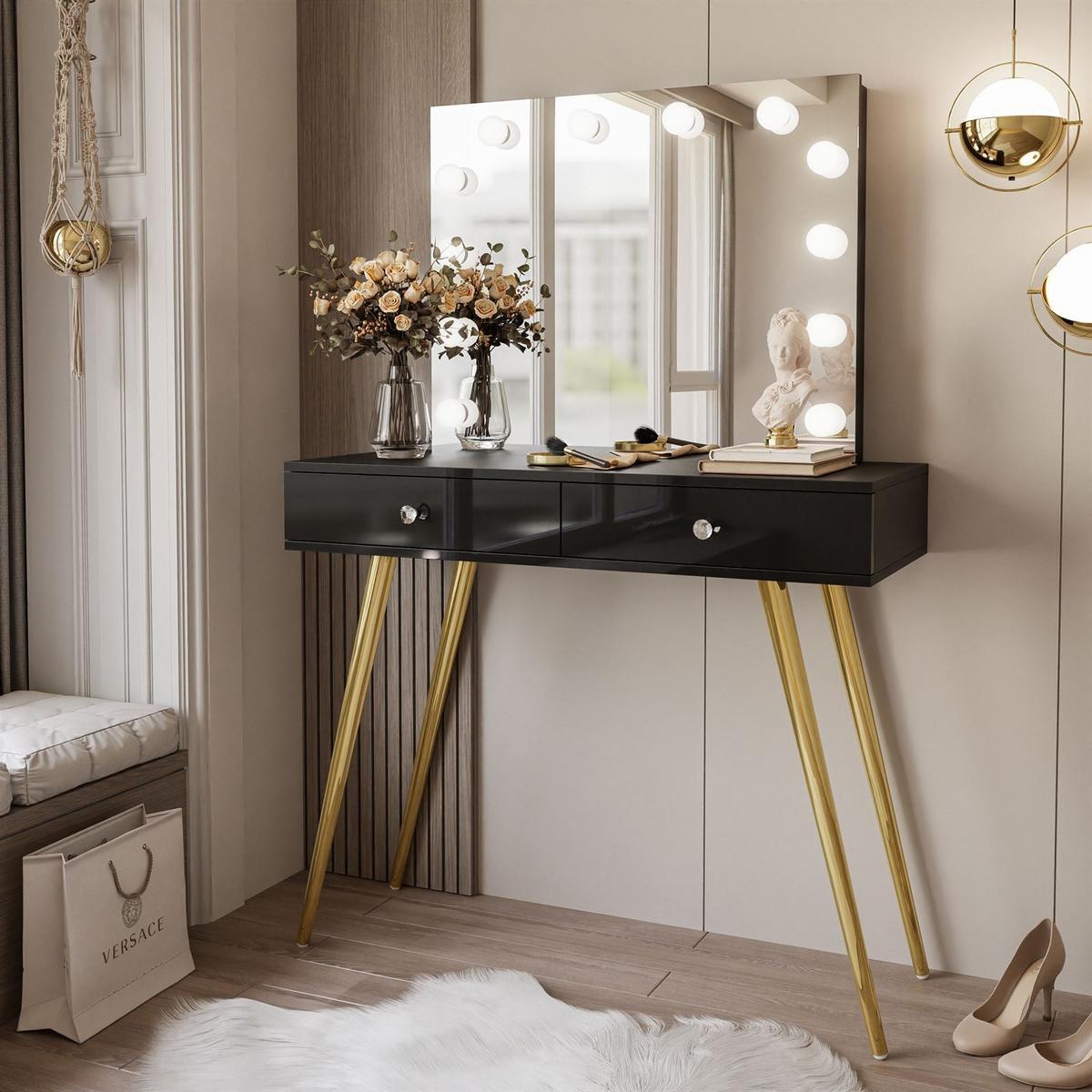 SCHMINKTISCH SIENNA GOLD ELITE mit Spiegel - Schwarz Hochglanz/Goldfarben, Holzwerkstoff (100/81/42cm)