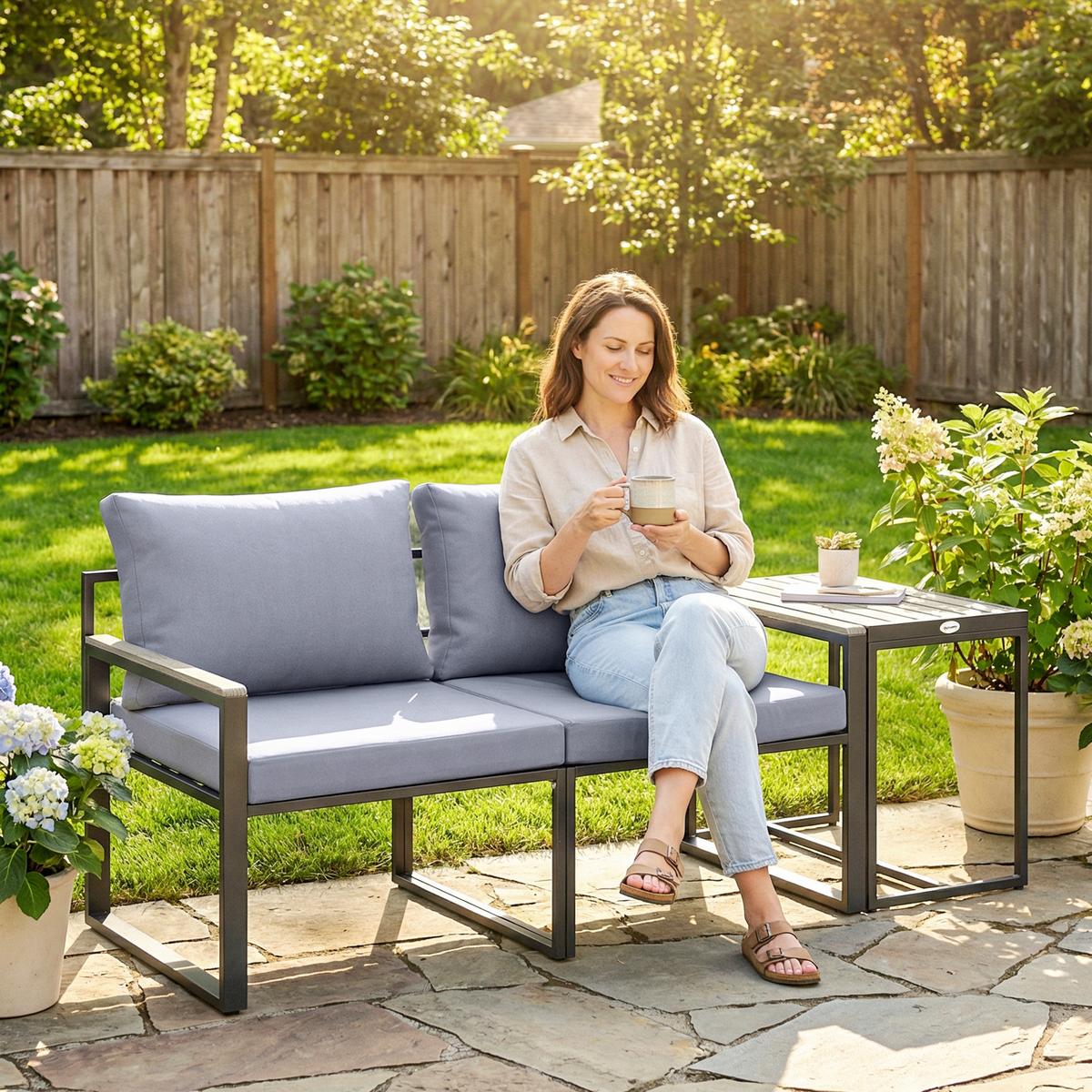 BALKONMÖBEL-SET 3er Set Stahl Polyester Grau - Grau, Textil/Metall - Outsunny
