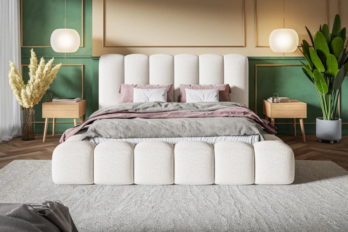 BETT 180x200 - Polsterbett mit Bettkasten und Metallrahmen - Modern Bett - Eleganter Catch Me-Stoff - Kollektion Nora Maxi - Weiß - Weiß, Holz/Textil (180/200cm) - Alpi-Möbel