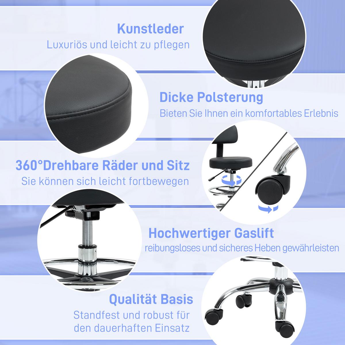 BÜROSTUHL Ergonomischer Zeichenstuhl, Höhenverstellbar Computerstuhl mit Fußring - Schwarz, Kunststoff (52/92/52cm) - HOMCOM