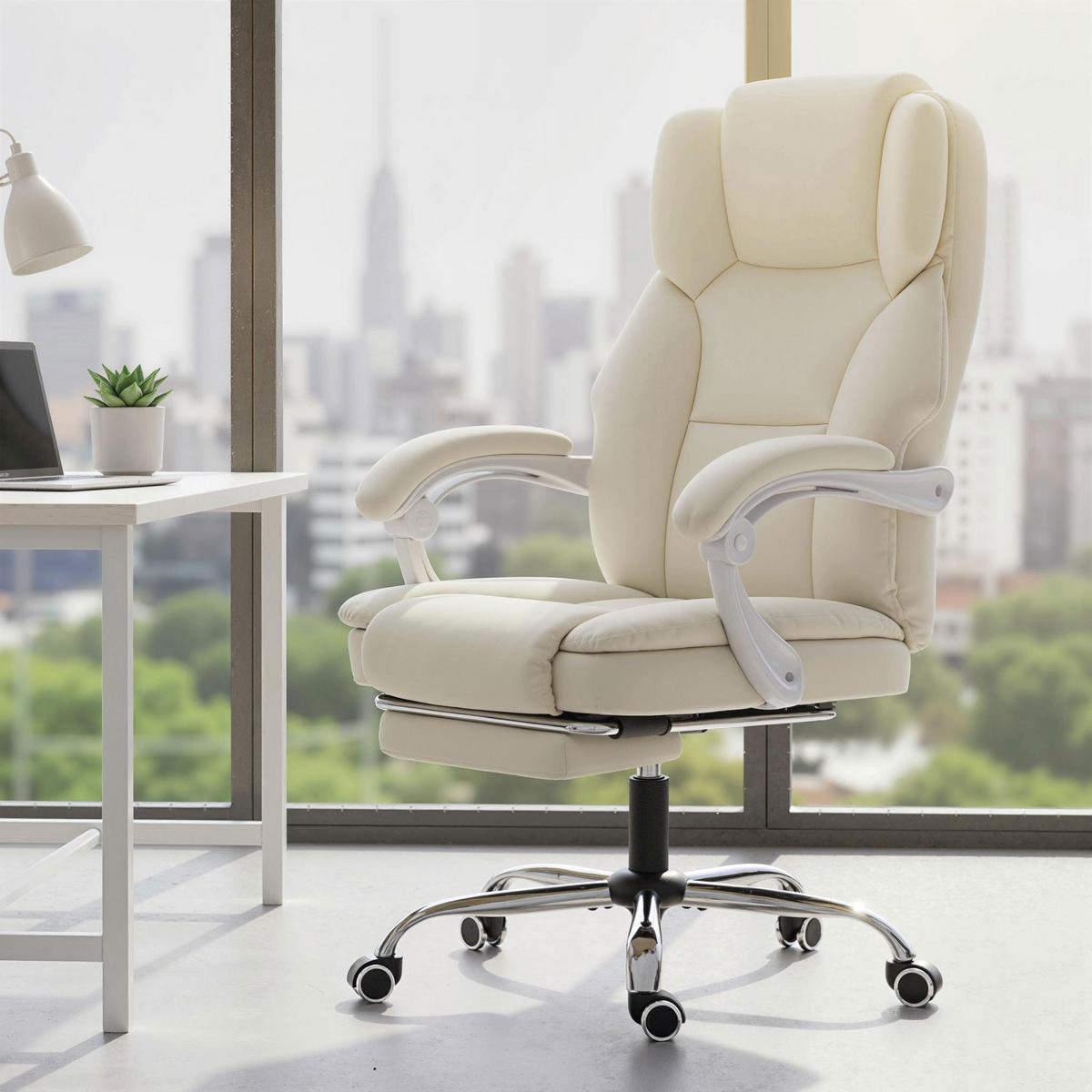 BÜROSTUHL mit Liegefunktion, höhenverstellbar Drehstuhl mit Fußstütze Beige - Beige/Silberfarben, Holzwerkstoff/Kunststoff (64/120/73cm) - HOMCOM