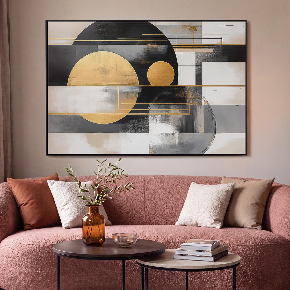 LEINWAND Bilder mit Rahmen - Abstrakt - Gold - Silber - Formen - Ästhetisch - Modern - 140x90 - Goldfarben, Textil (140/90cm) - MuchoWow
