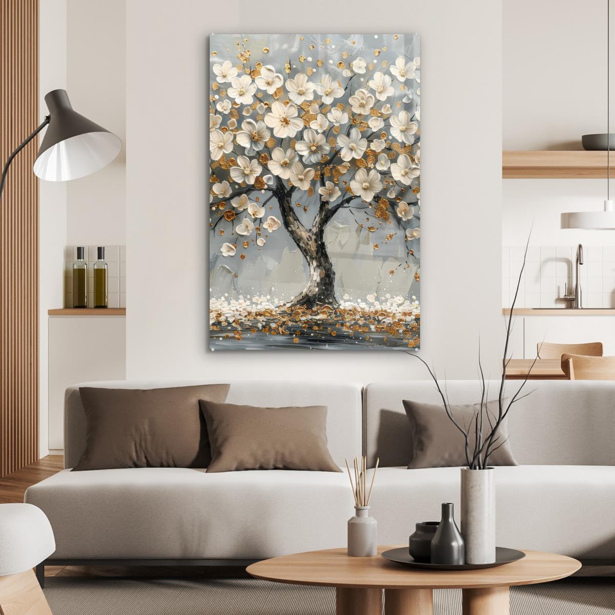 ACRYLGLASBILD Baum - Blumen - Weiß - Natur - Kunst 80x120 cm - Weiß, Glas (80/120cm) - MuchoWow