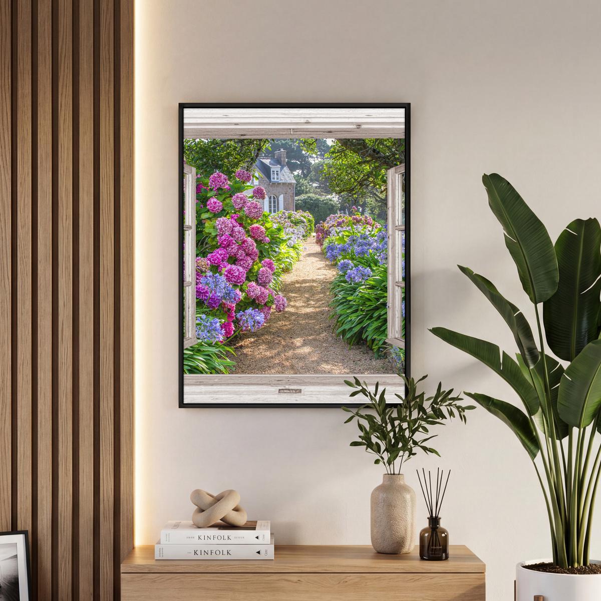 LEINWAND Bilder mit Rahmen - Hortensie - Durchsichtig - Blumen - Sommer - Lila - Weg - 50x70 - Lila, Textil (50/70cm) - MuchoWow