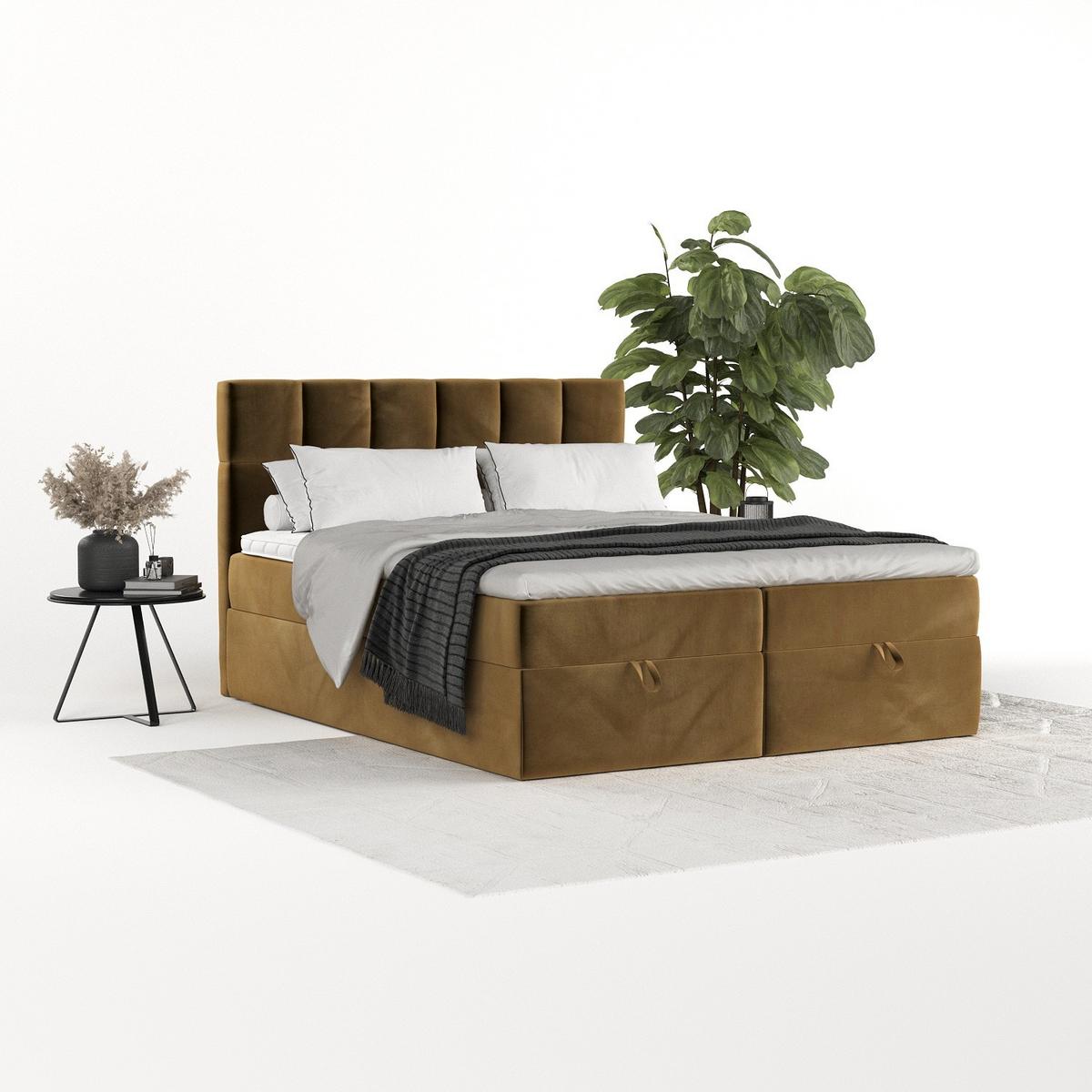 BOXBETT Savio 160/200 cm Honiggelb im Kronos Stoff - Schwarz/Honig, Holz/Holzwerkstoff (160/200cm) - AltaBeds