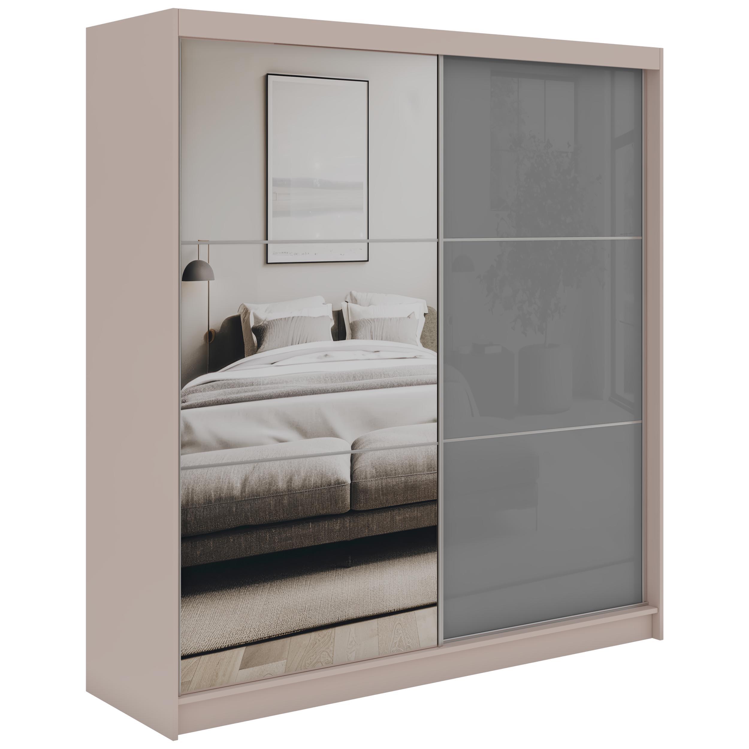 SCHWEBETÜRENSCHRANK mit Spiegel und Schubladen - WALENCJA - 200 - Kaschmir-Grau lacobel - Kaschmir/Alufarben, Holzwerkstoff/Metall (200/216/61cm) - MKS