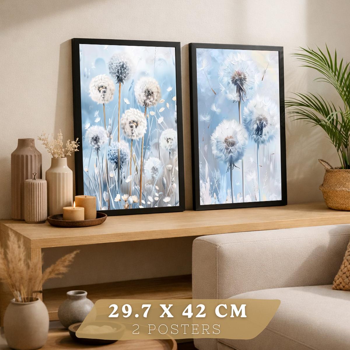 POSTER 2er Kunstdruck-Set Wandbilder Blumen Blau modern Wohnzimmer Deko, Schlafzimmer, Küche, Badezimmer Schwarzer Rahmen A3 - Schwarz, Papier (29.7/1/42cm) - Nacnic