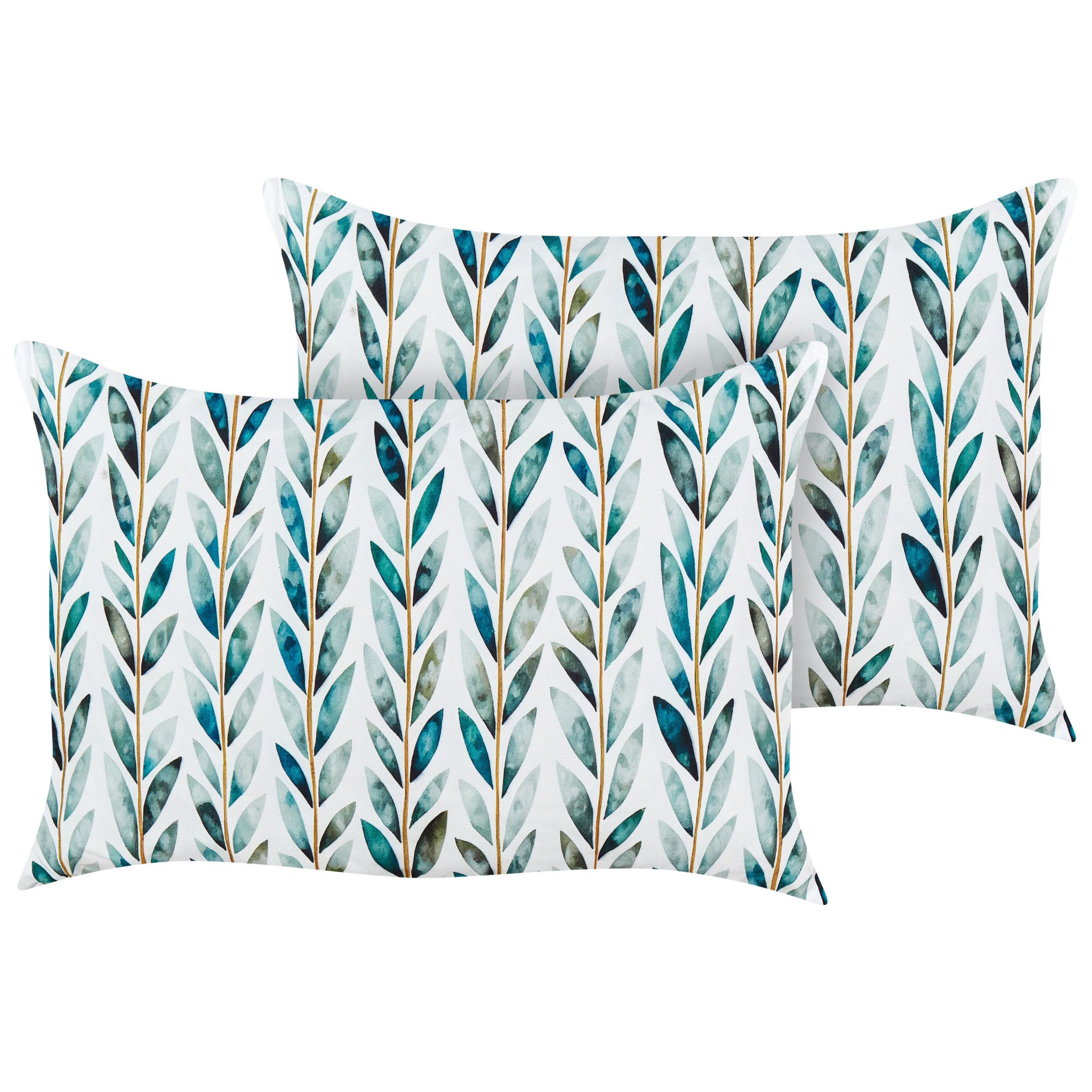 GARTENKISSEN 2er-Set Blattmotiv weiß/grün 40/60 cm Loano - Weiß, Textil (40/60cm) - Beliani