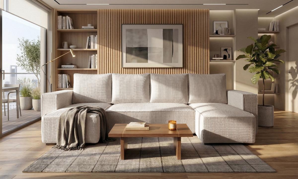 WOHNLANDSCHAFT CUDDY U mit Schlaffunktion und Bettkasten, Farbe: Hellbeige, Cordstoff - Beige, Textil (305/85/140cm) - Storez24