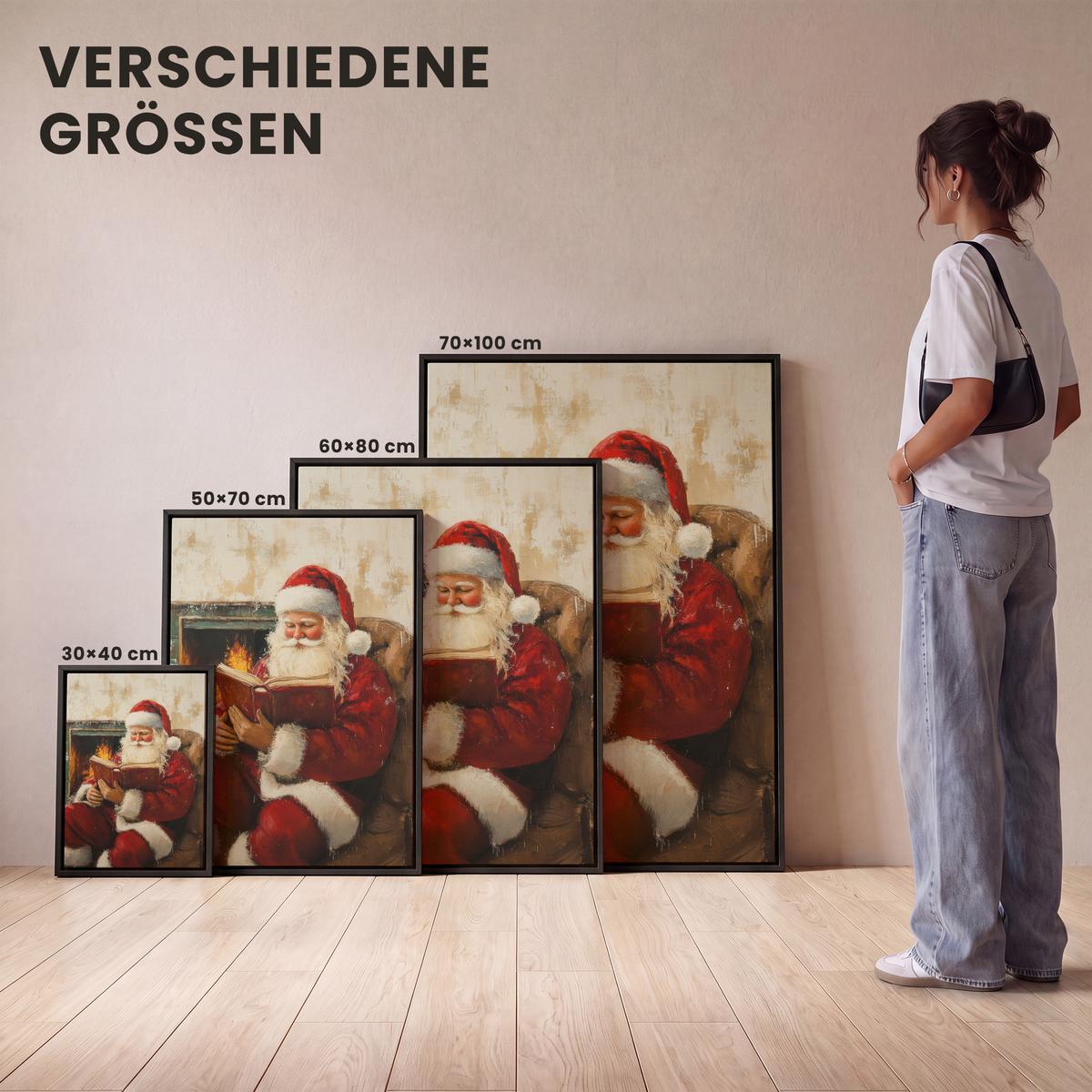 LEINWAND Bilder mit Rahmen - Weihnachten - Weihnachtsmann - Winter - Open Fireside - 70x100 - Dunkelrot, Textil (70/100cm) - MuchoWow