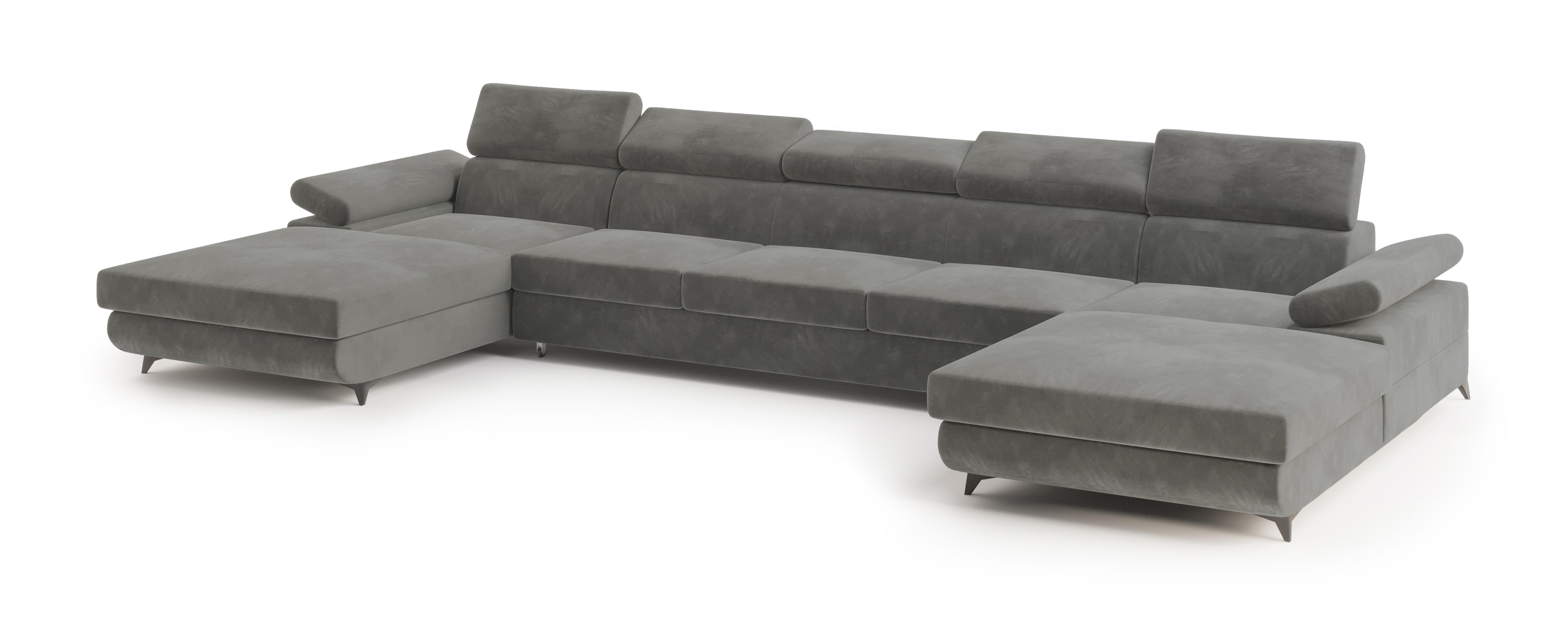 WOHNLANDSCHAFT VIVENTE Grau Velours-Stoff mit Schlaffunktion - Grau, Holz (410/89/190cm) - MASSENO