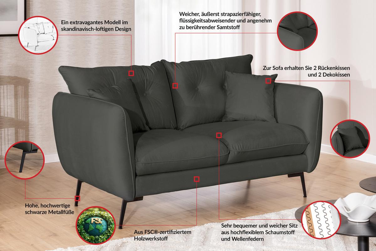 2-SITZER-SOFA Nordloft Dunkelgrau Samt - Dunkelgrau/Schwarz, Holz/Textil (174/86/100cm) - S-Style Möbel