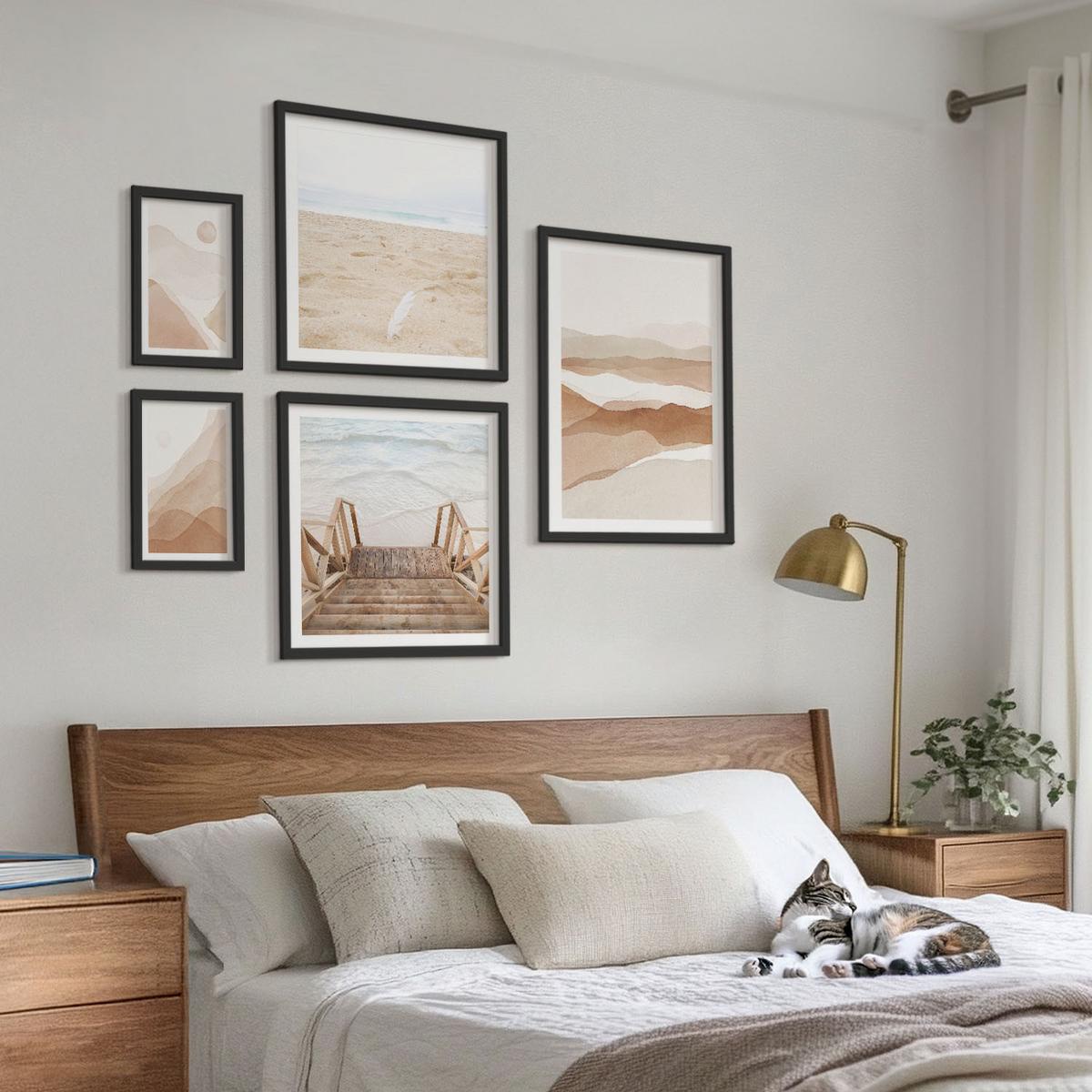 BILDER SET 5er Set - 50x50 cm & 20x30 cm & 40x60 cm Schwarzer Rahmen - Abstrakte braune Landschaften - Schwarz, Kunststoff (40/60cm) - TULUP