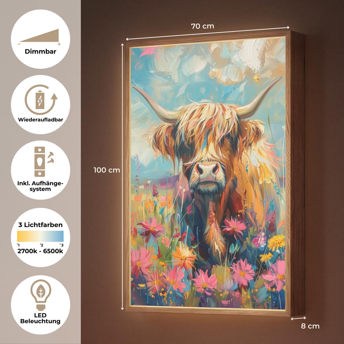 WANDLEUCHTE MIT AKKU Schottische Hochländer - Natur - Farbenfroh - Blumen 70x100 cm - Multicolor, Holzwerkstoff (70/100/8cm) - OnlyWow