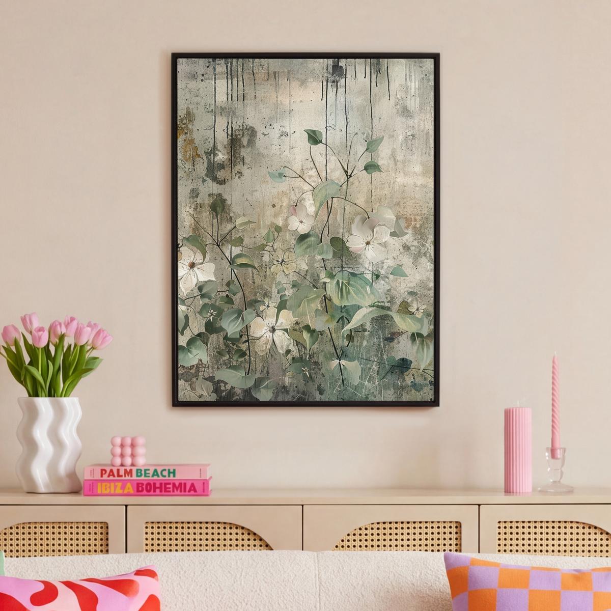 LEINWAND Bilder mit Rahmen - Blumen - Blätter - Abstrakt - Modern - 70x100 - Grau, Textil (70/100cm) - MuchoWow