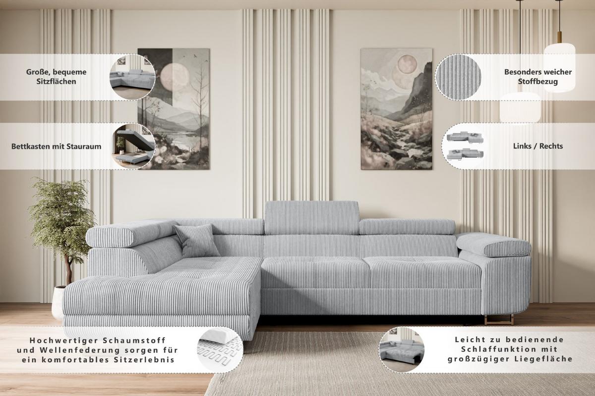 ECKSOFA mit Schlaffunktion und Bettkasten GUSA-L 272x202x107 cm Beige Bouclé - Beige/Silberfarben, Holzwerkstoff/Textil (272/202cm) - ALTDECOR
