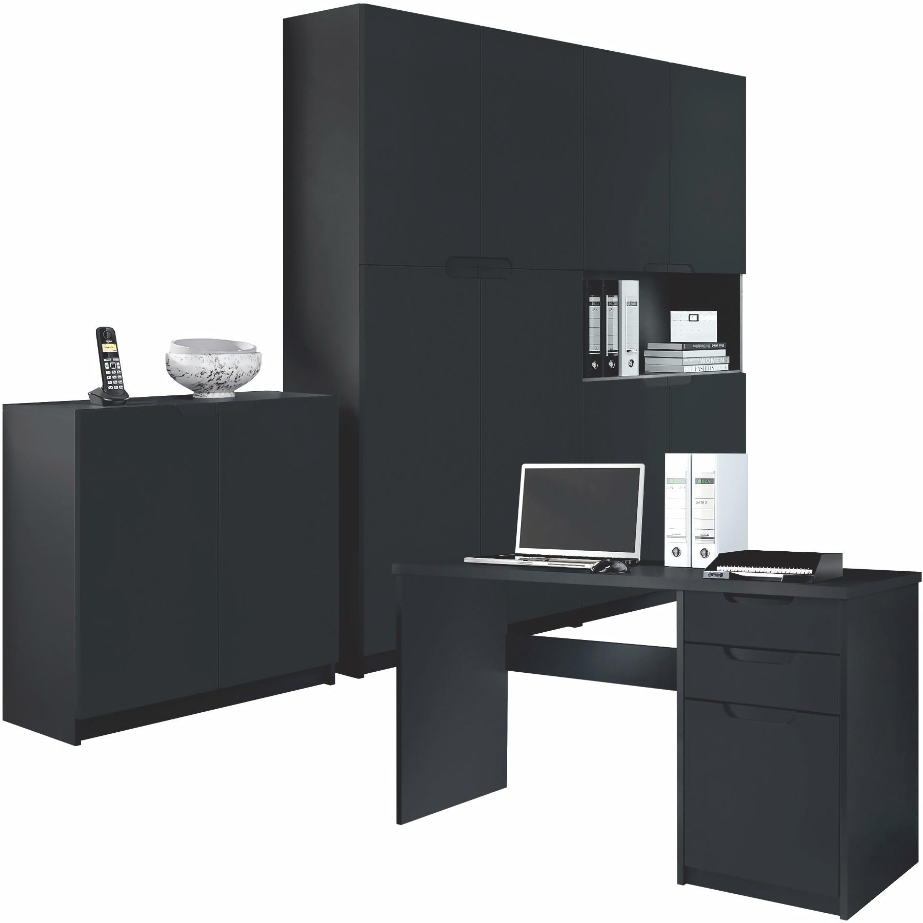 BÜROMÖBELSET Logan Fronten in Schwarz matt - Schwarz, Holzwerkstoff (246/185/60cm) - Vladon