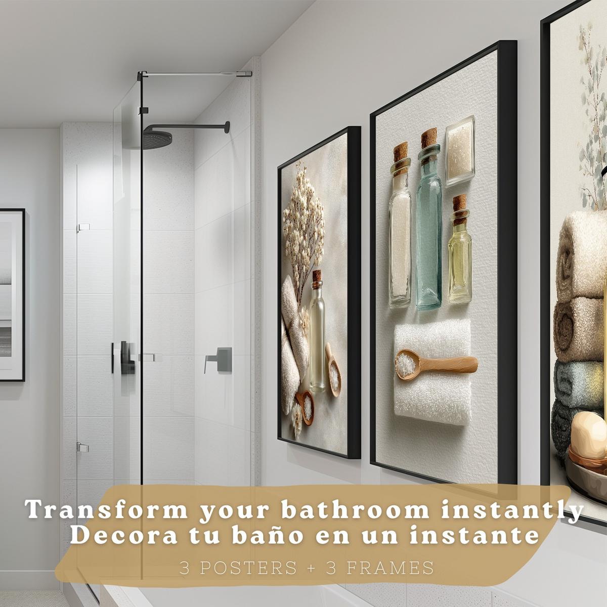POSTER 3er-Set dekorative Badezimmer-Wandbilder und für Waschbecken, Dusche, WC mit Flaschen, Badesalz und Handtüchern, Naturstil Schwarzer Rahmen A3 - Schwarz, Papier (42/29.7/3cm) - Nacnic