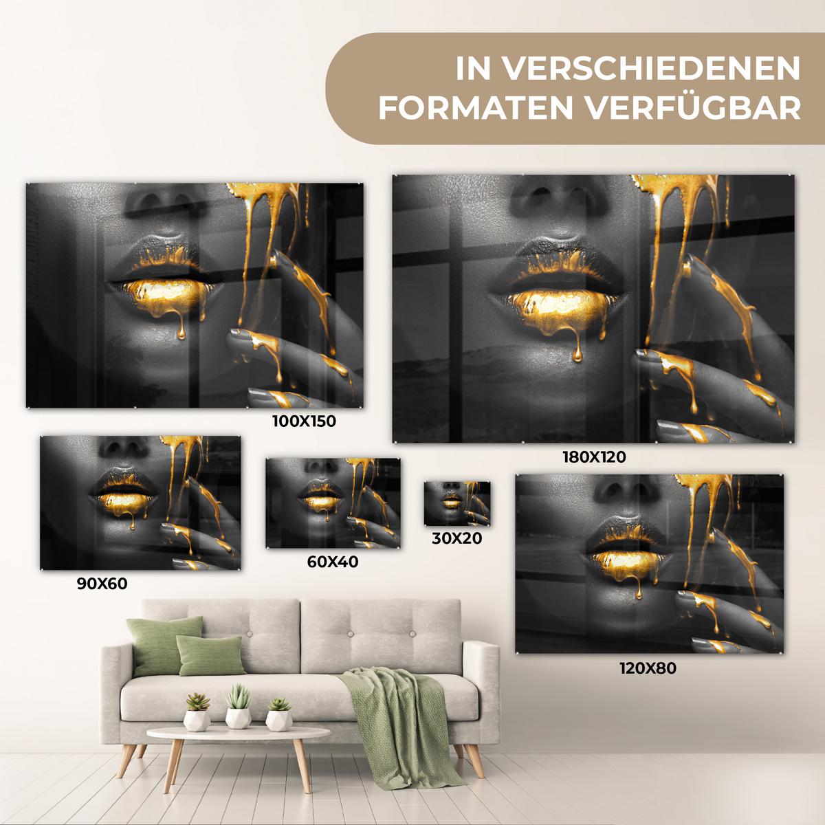 ACRYLGLASBILD Frau - Schwarz - Gold - Gesicht - Lippen Wanddeko 60x40 cm - Goldfarben, Glas (60/40cm) - MuchoWow