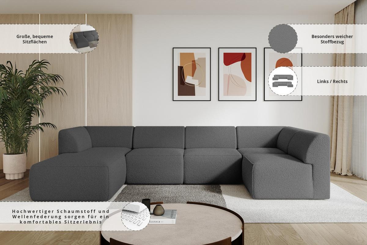 WOHNLANDSCHAFT Ottomane Links MOVO-L 345x180x78 cm Grau Bouclé - Chromfarben, Holzwerkstoff/Kunststoff (345/78/180cm) - ALTDECOR