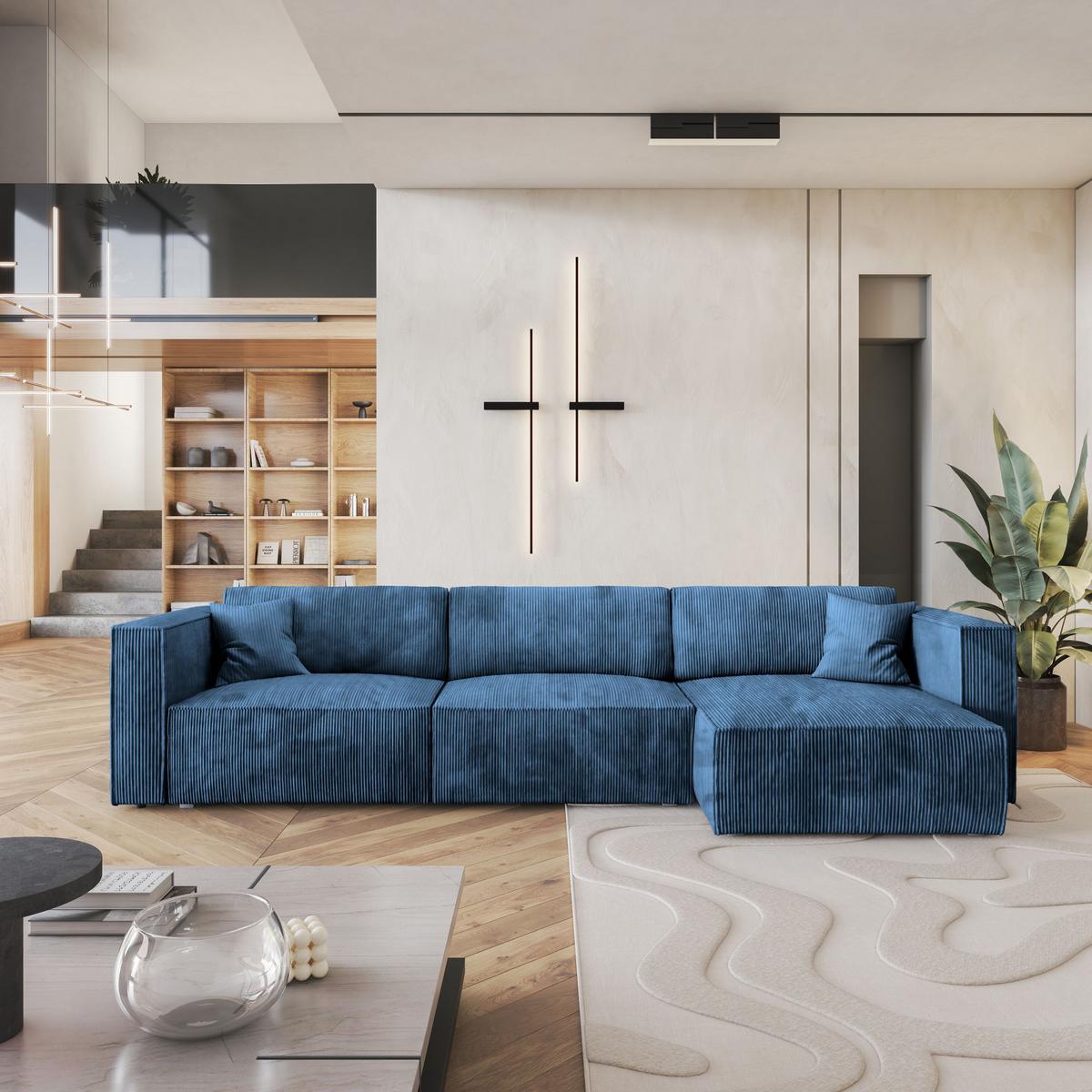 ECKSOFA TOLMO P Blau Kordstoff mit Schlaffunktion - Blau/Grau, Holz/Kunststoff (347/148cm) - MASSENO