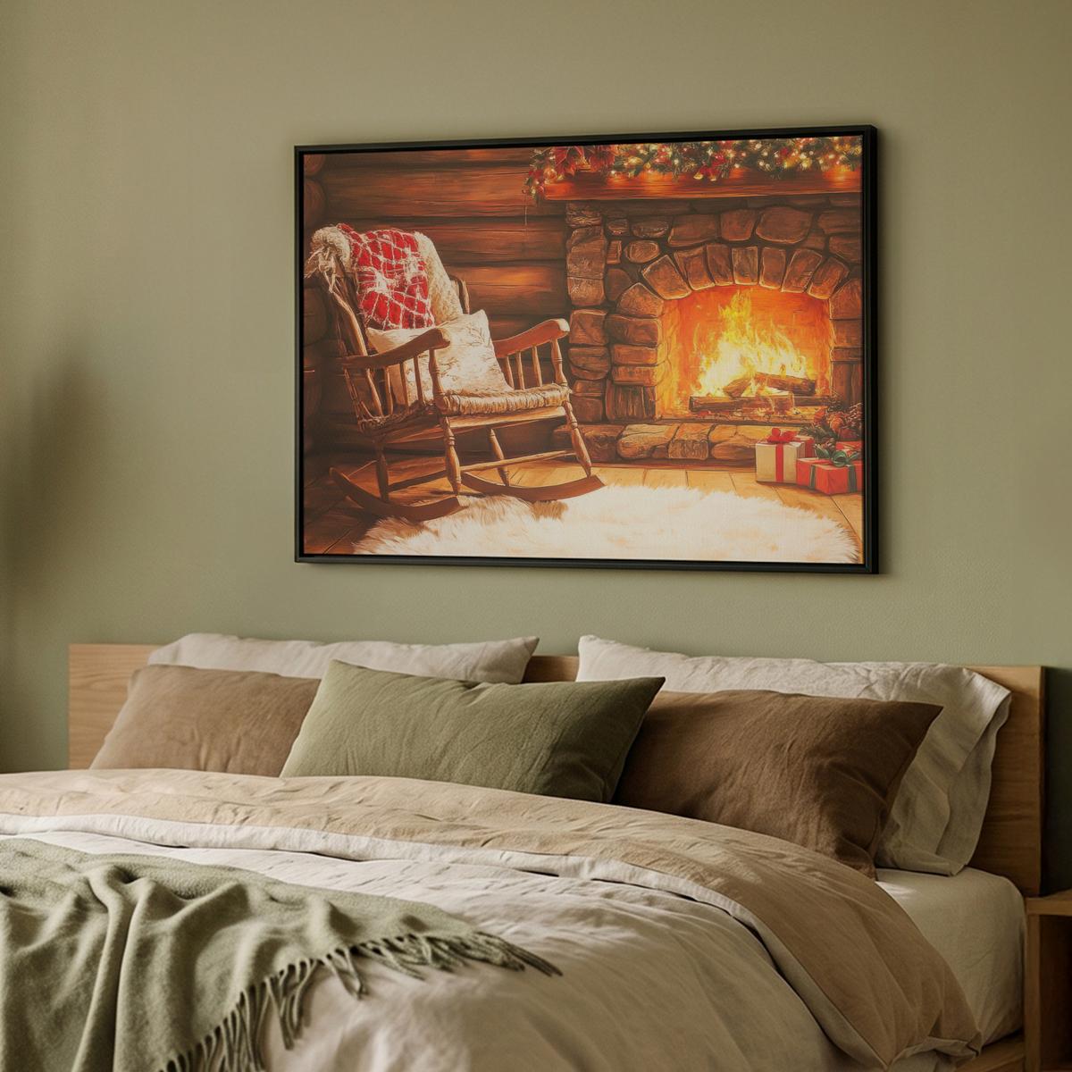 LEINWAND Bilder mit Rahmen - Winter - Weihnachten - Zuhause - Kamin - 100x70 - Bernsteinfarben, Textil (100/70cm) - MuchoWow