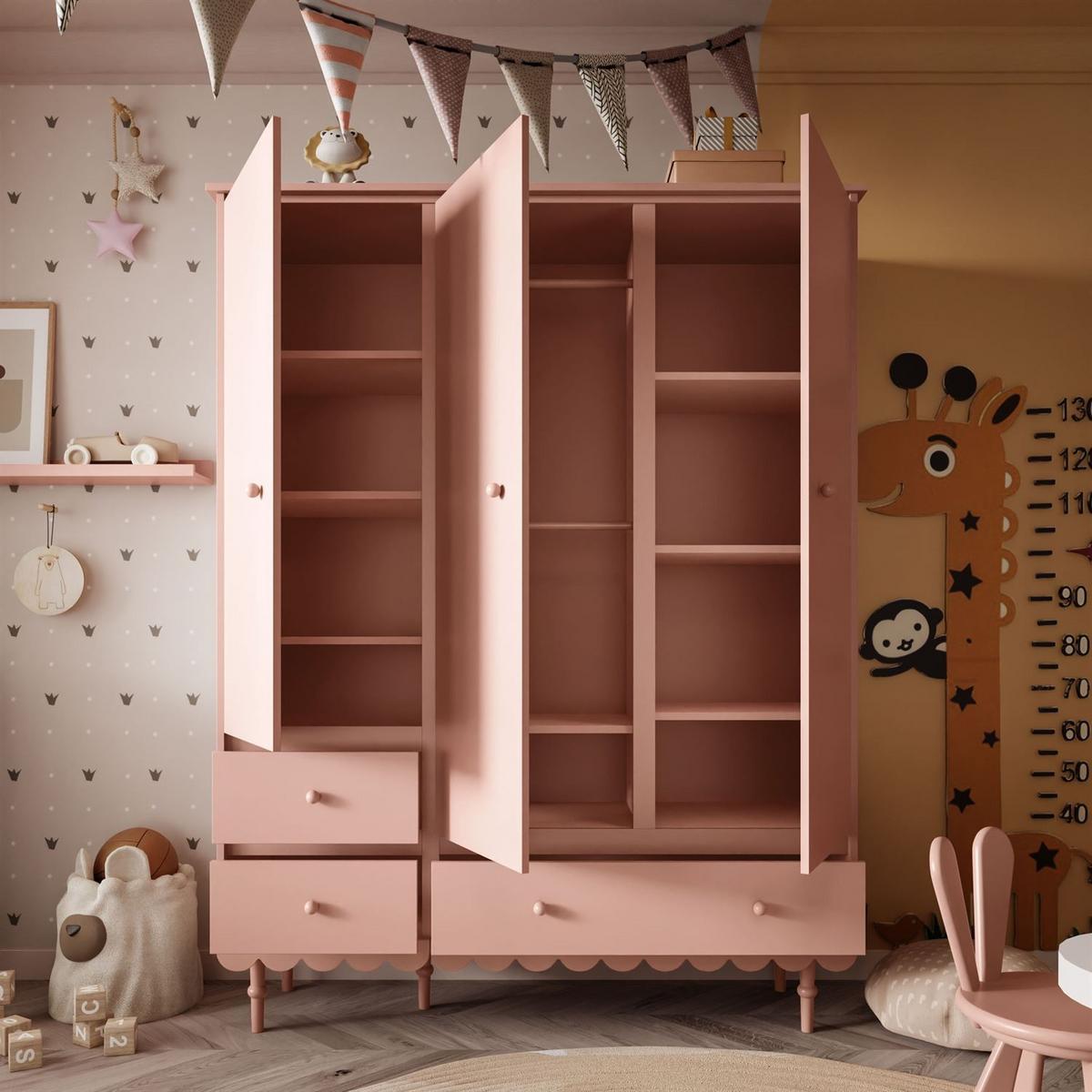 KINDERKLEIDERSCHRANK BABUSHKA – Dreitürig, Natürlich Rosa - Rosa, Holzwerkstoff (154/203/50cm)
