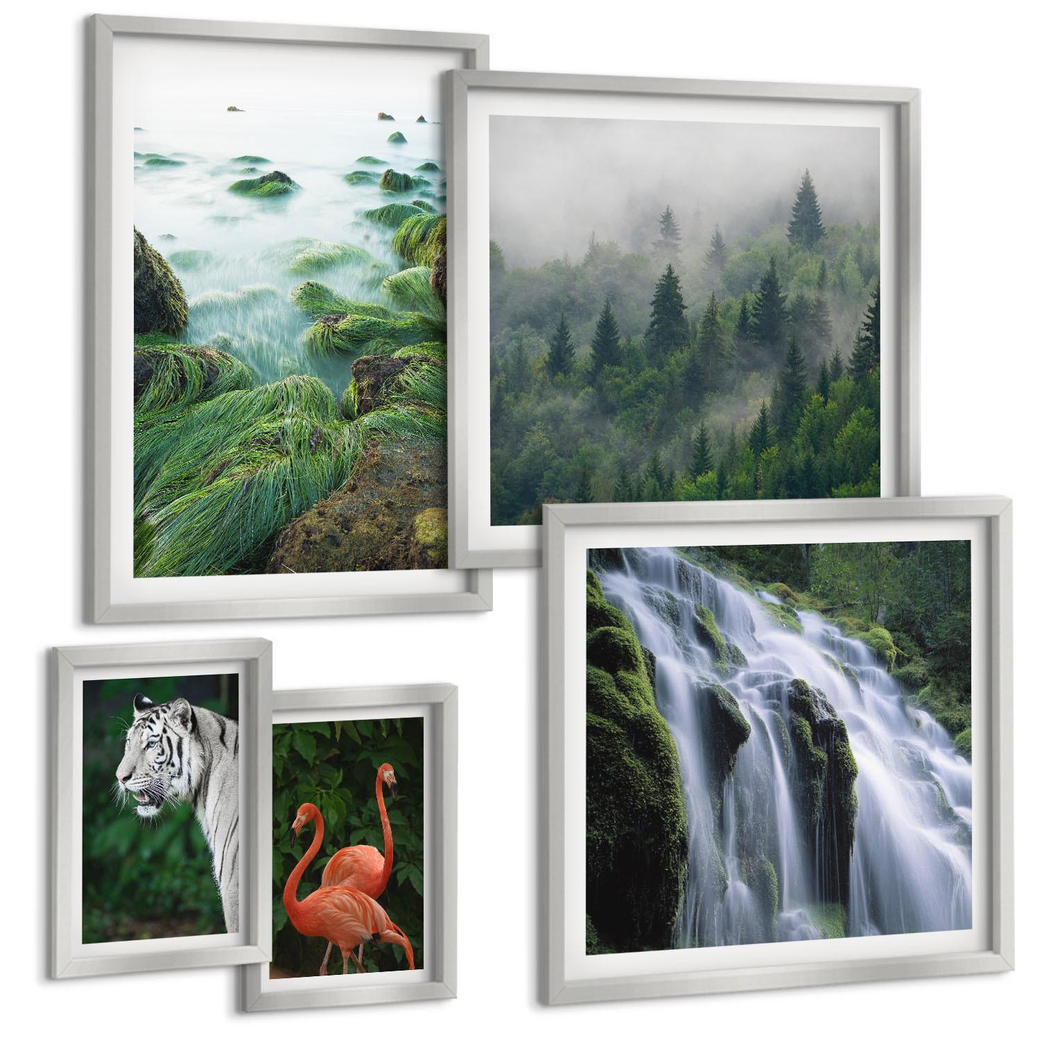 BILDER SET 5er Set - 50x50 cm & 20x30 cm & 40x60 cm Silberner Rahmen - Tiger Wasserfall Flamingos Natur - Silberfarben, Kunststoff (40/60cm) - TULUP