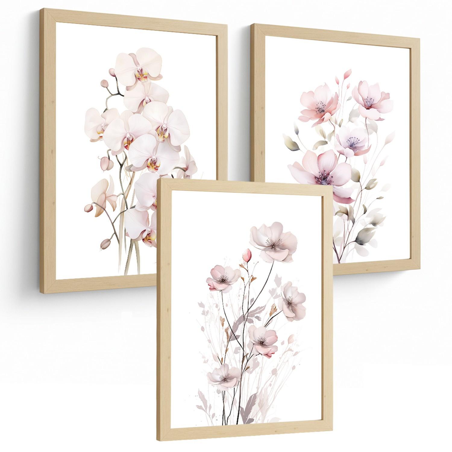 POSTER 3er-Set Wandbilder Orchidee Rosa modern Wohnzimmer Deko, Schlafzimmer, Küche, Badezimmer Rahmenlos A4 - Beige, Papier (29.7/1/21cm) - Nacnic