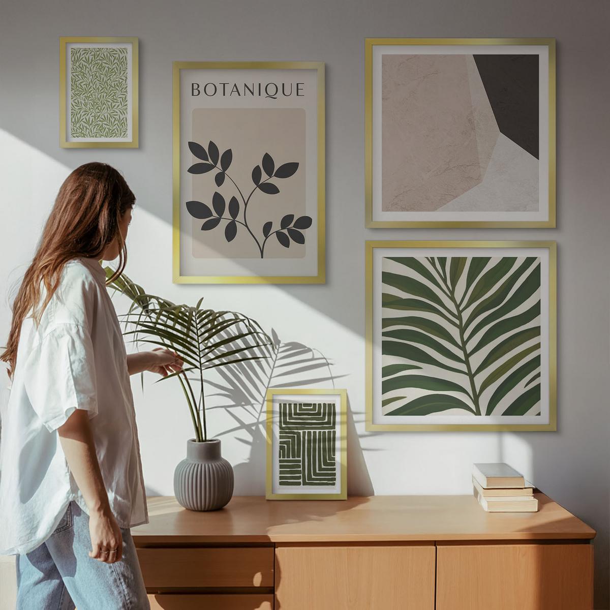 BILDER SET 5er Set - 50x50 cm & 20x30 cm & 40x60 cm Goldrahmen - Botanische Boho-Kompositionen - Goldfarben, Kunststoff (40/60cm) - TULUP