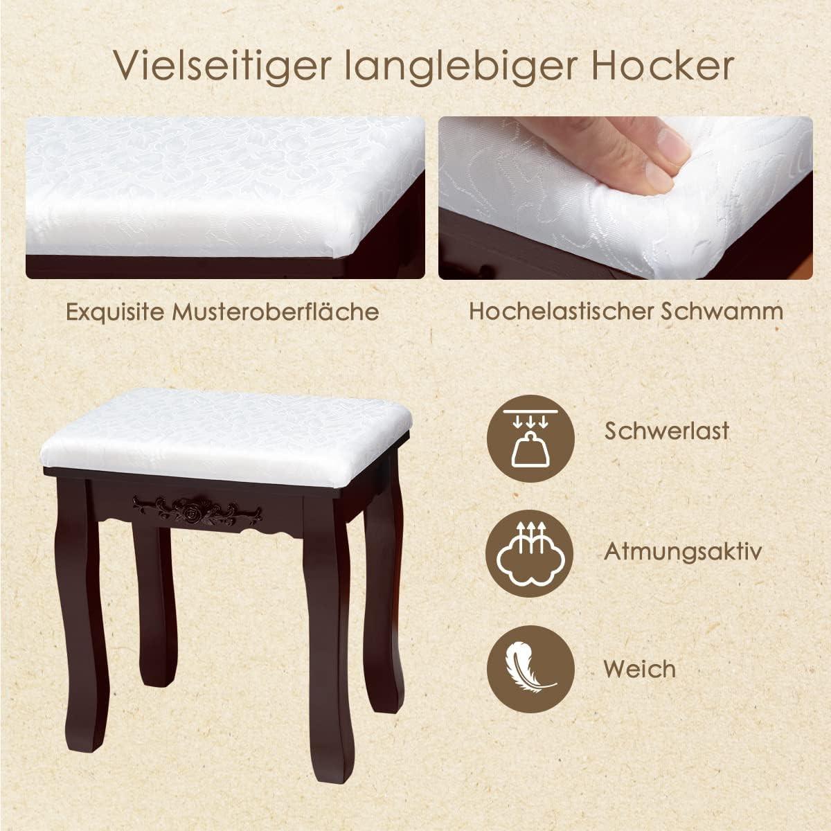 SCHMINKTISCH mit Hocker Weiß - Braun, Holz (70/144/40cm) - COSTWAY