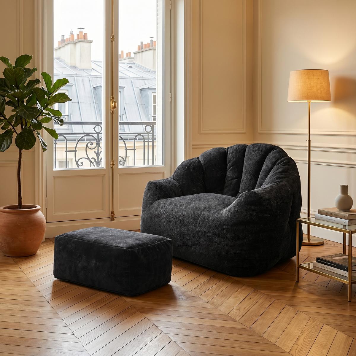 SESSEL mit Hocker aus weichem Chenille mit Blüten-Rückenlehne und Ottomane - Schwarz, Textil (99/65/86cm) - Urban Meuble