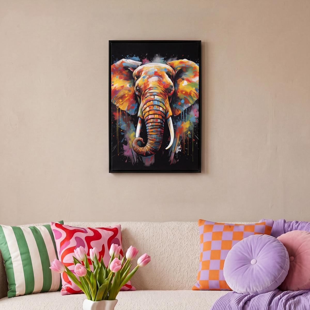 LEINWAND Bilder mit Rahmen - Elefant - Graffiti - Schwarz - Tiere - Farben - 40x60 - Schwarz, Textil (40/60cm) - MuchoWow