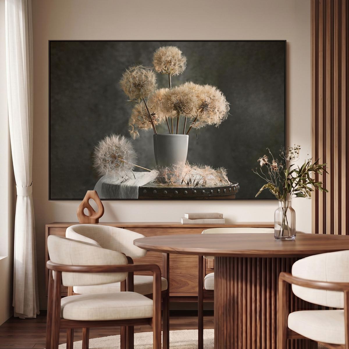 LEINWAND Bilder mit Rahmen - Blumensamen - Löwenzahn - Vase - Stilleben - Blumenstrauß - 140x90 - Dunkelgrau, Textil (140/90cm) - MuchoWow